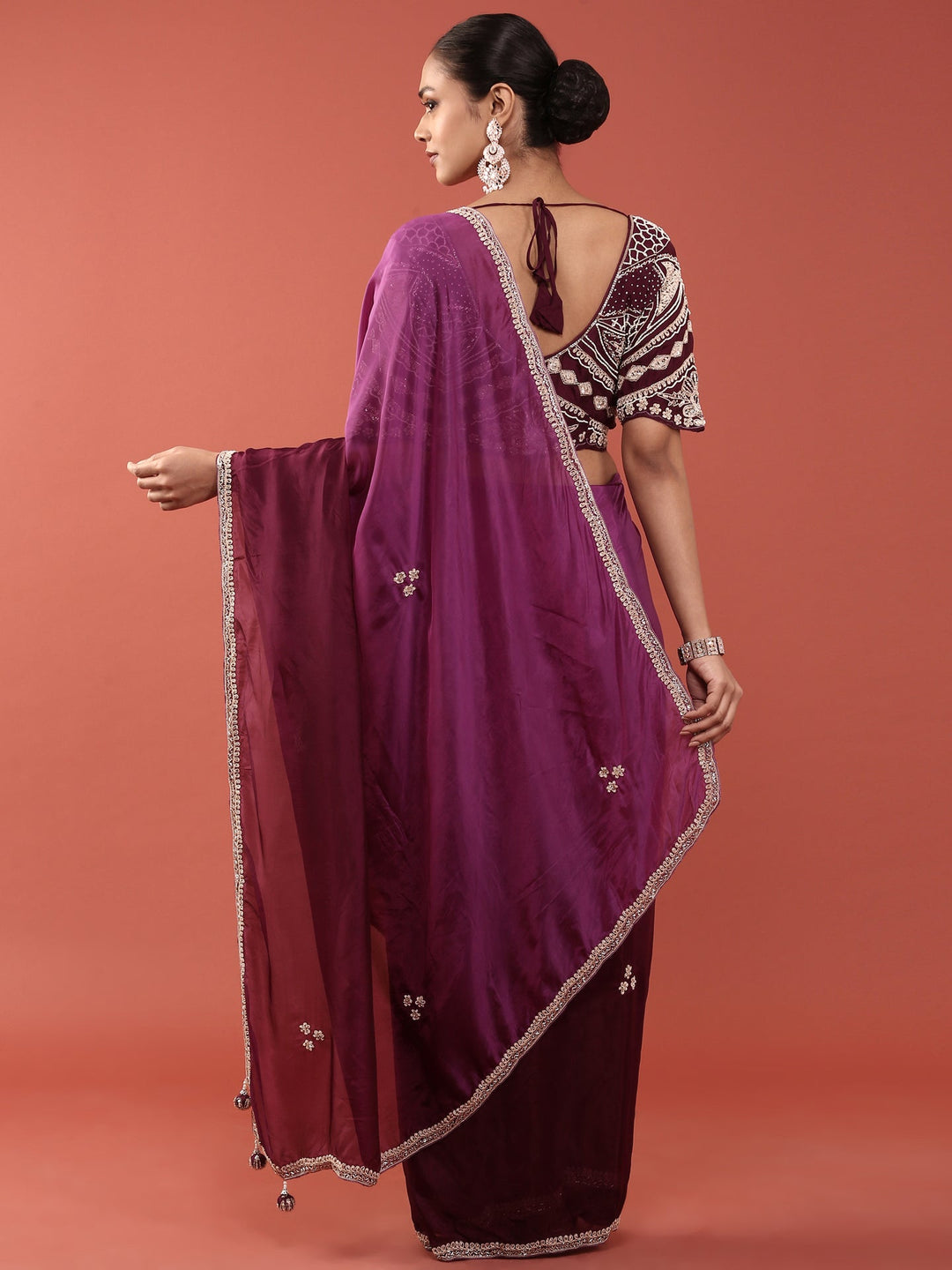 Neerus Purple crepe embroidered saree with blouse - detail view 1