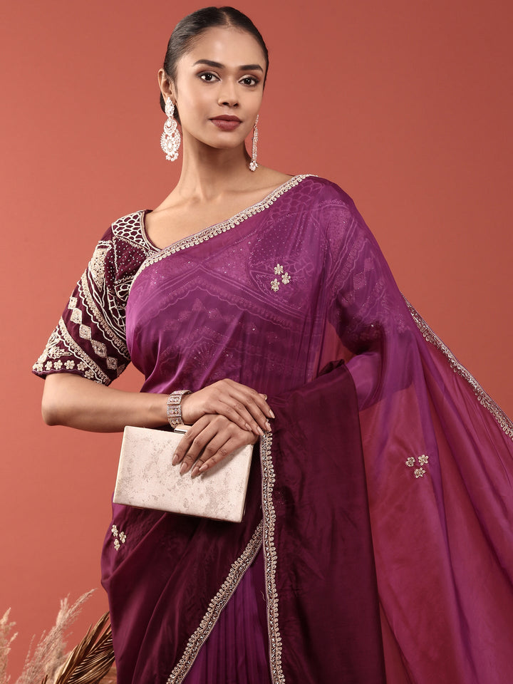 Neerus Purple crepe embroidered saree with blouse - side view