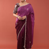 Purple Crepe Embroidery Saree With Readymade Blouse