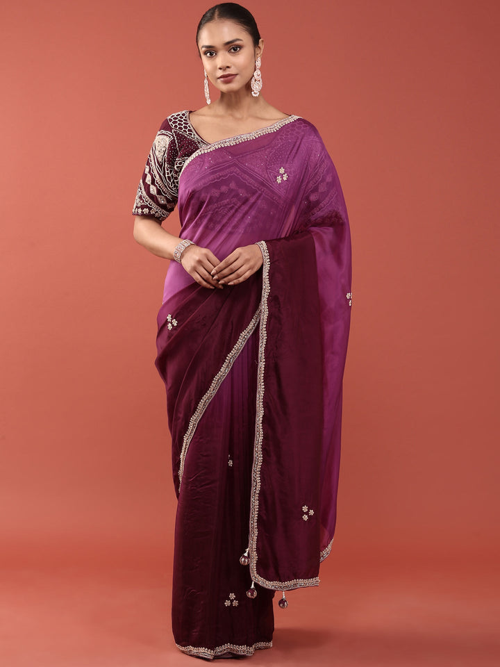Neerus Purple crepe embroidered saree with blouse - front view