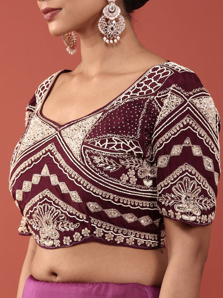 Neerus Purple crepe embroidered saree with blouse - detail view 2