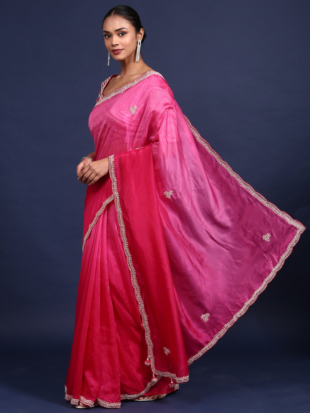 Neerus Pink crepe embroidered saree with readymade blouse - detail view 1