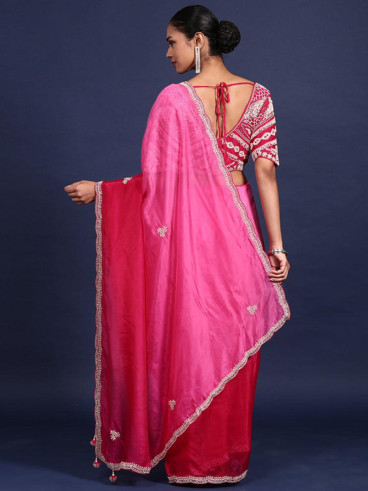 Neerus Pink crepe embroidered saree with readymade blouse - side view
