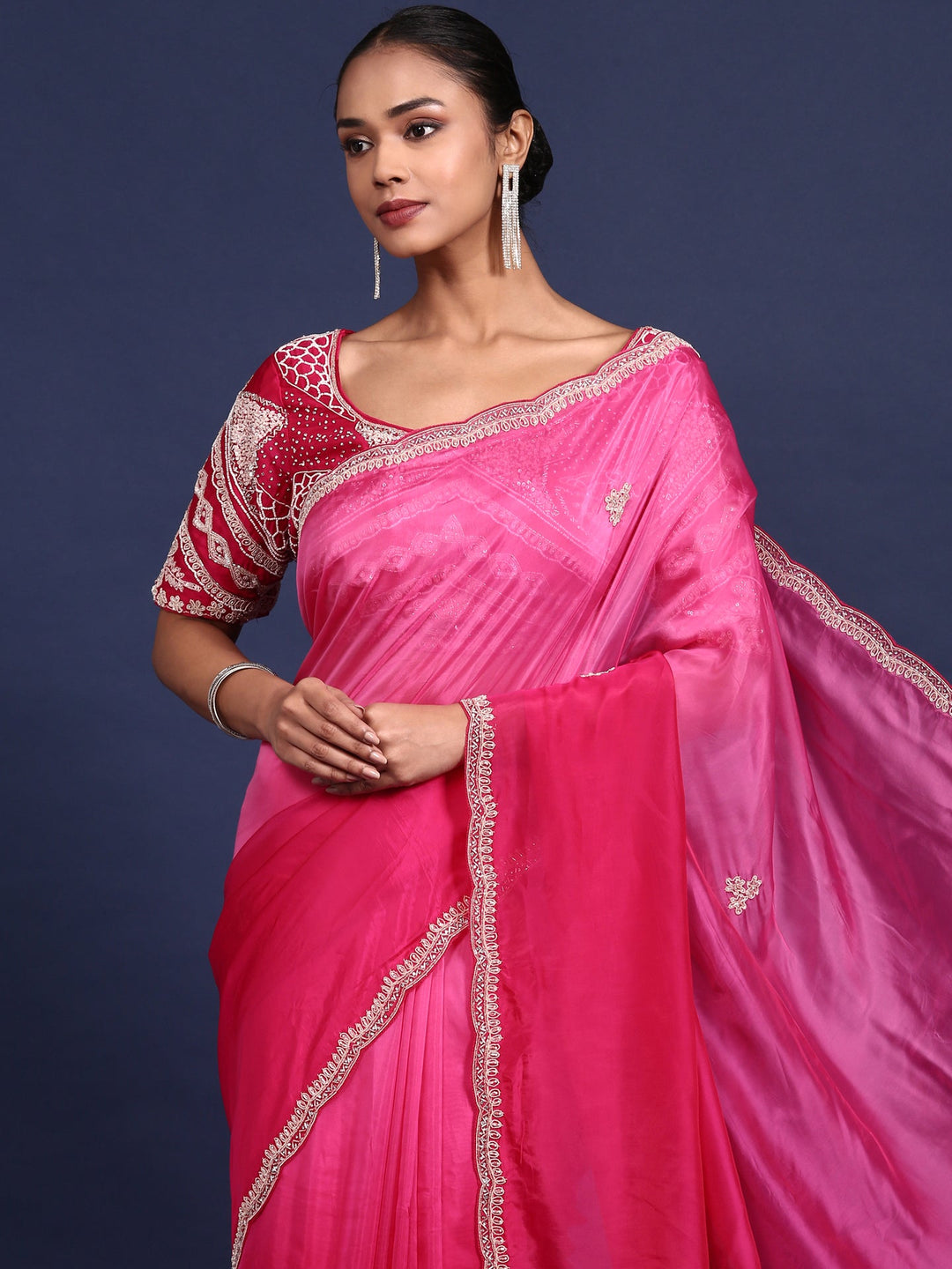 Neerus Pink crepe embroidered saree with readymade blouse - back view