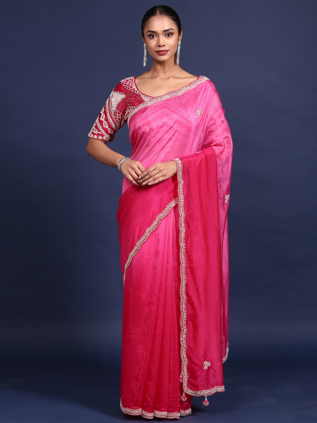 Neerus Pink crepe embroidered saree with readymade blouse - front view
