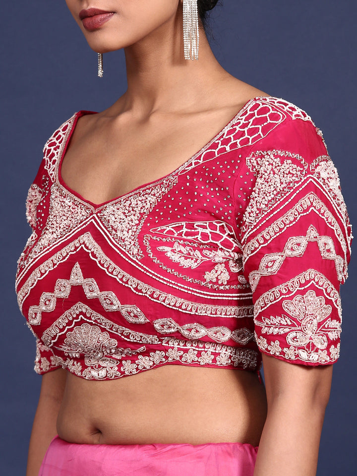 Neerus Pink crepe embroidered saree with readymade blouse - detail view 4
