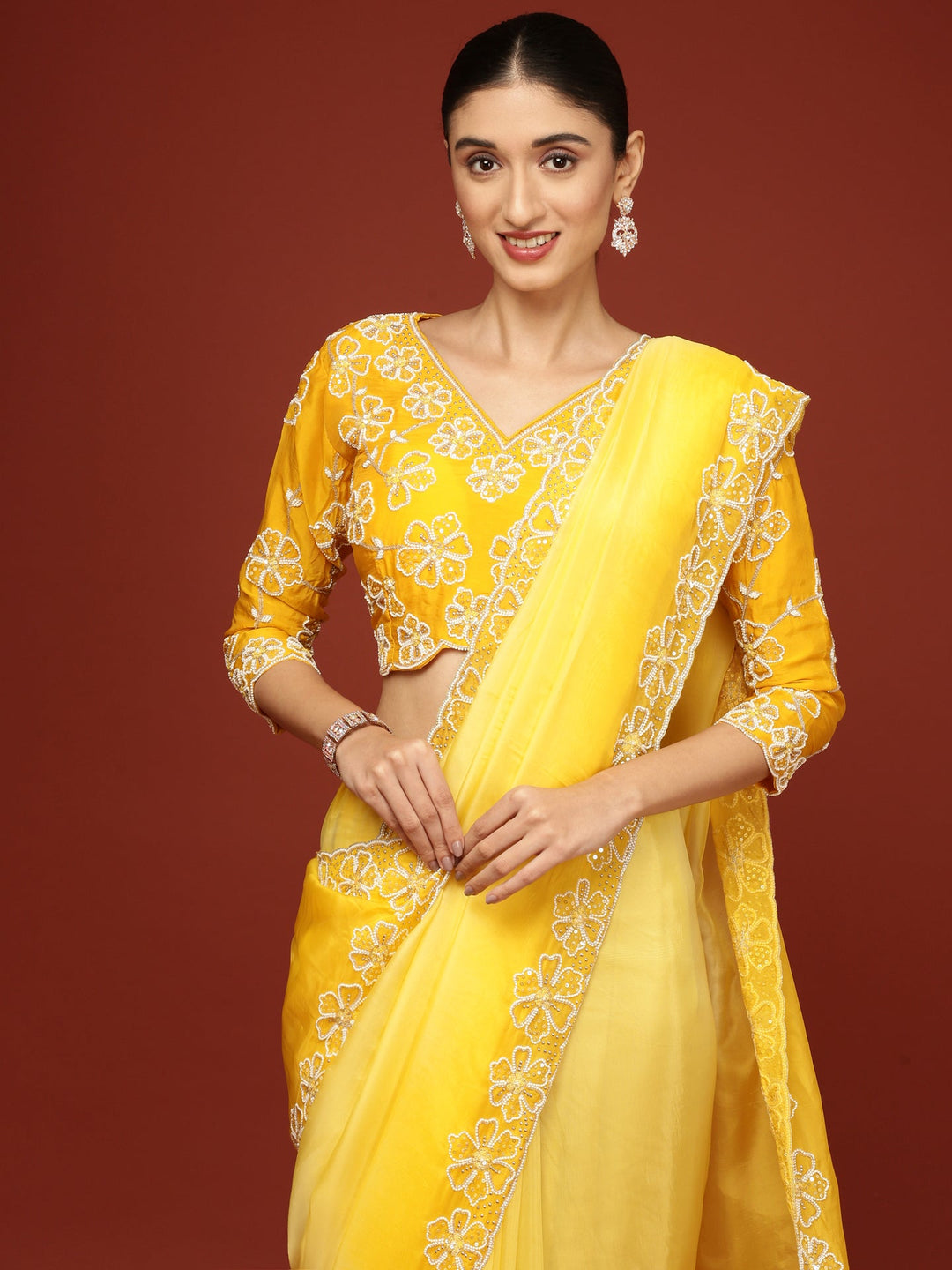 Neerus Yellow silk embellished saree with stone work - detail view 1