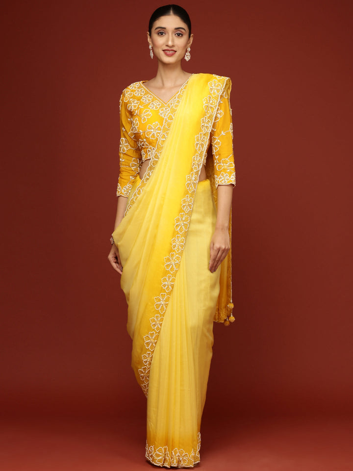 Neerus Yellow silk embellished saree with stone work - front view