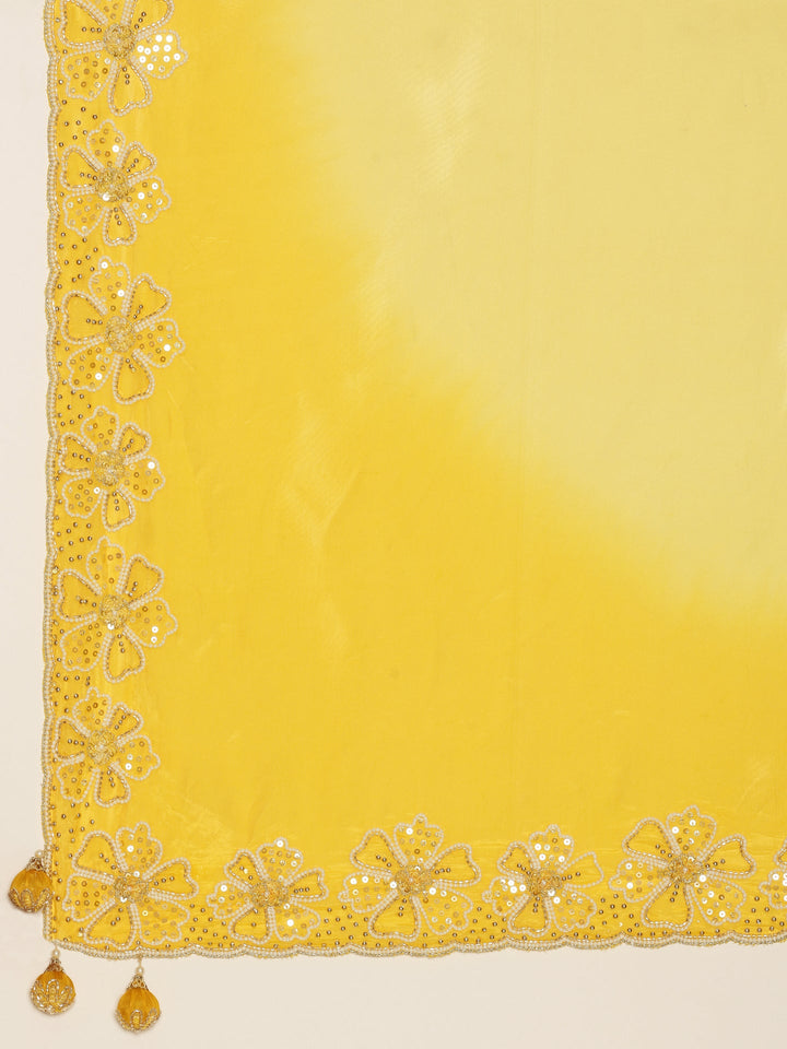 Neerus Yellow silk embellished saree with stone work - detail view 2