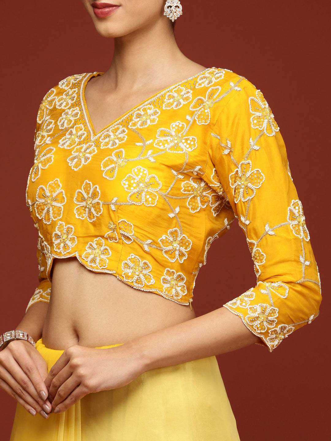 Neerus Yellow silk embellished saree with stone work - detail view 5
