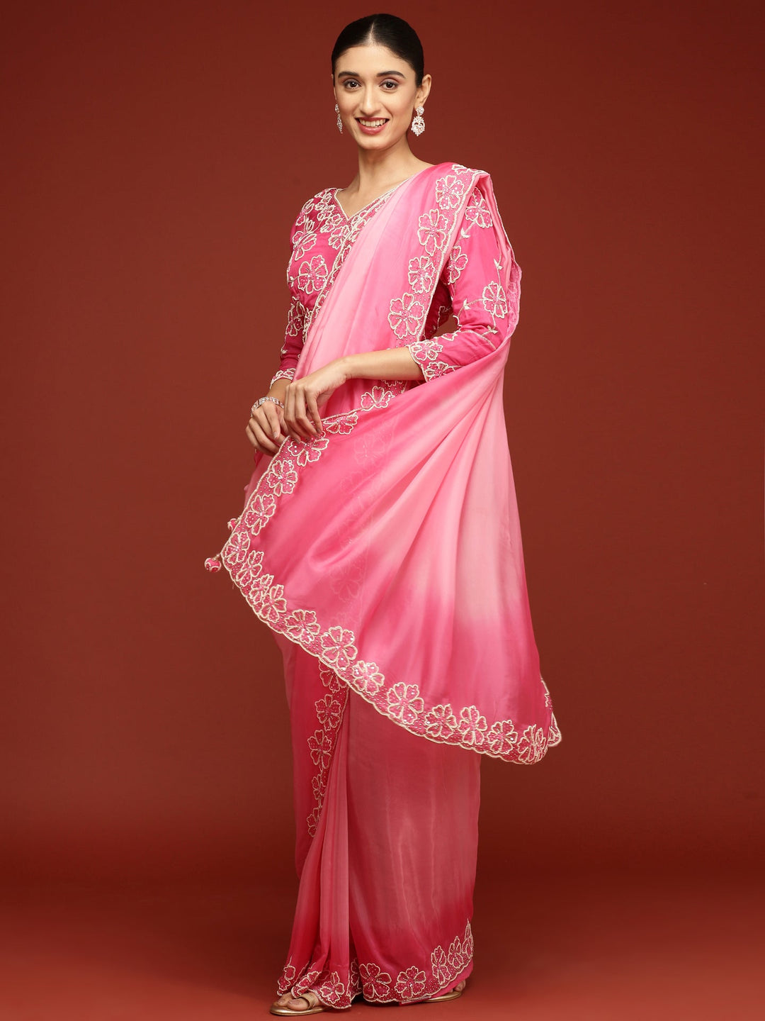 Neerus Pink silk embellished saree with stone work - back view