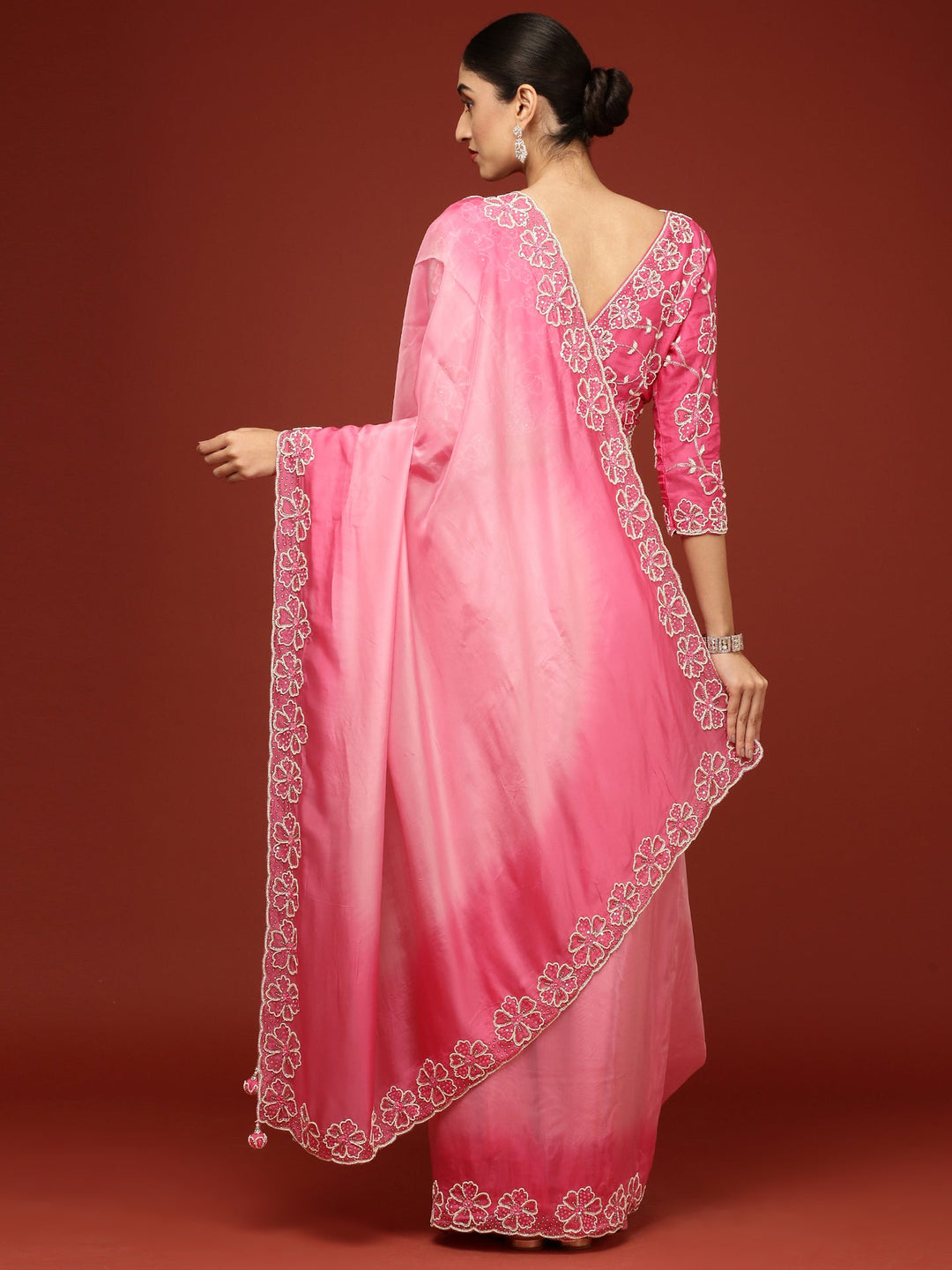 Neerus Pink silk embellished saree with stone work - side view