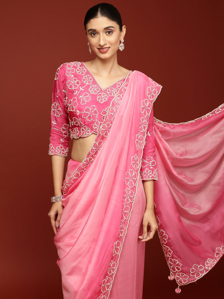 Neerus Pink silk embellished saree with stone work - detail view 1