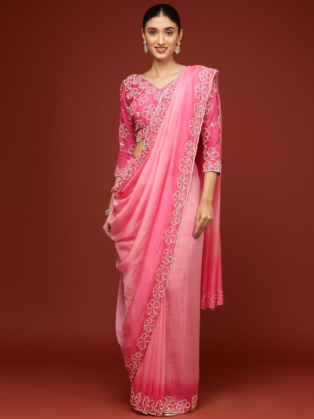 Neerus Pink silk embellished saree with stone work - front view