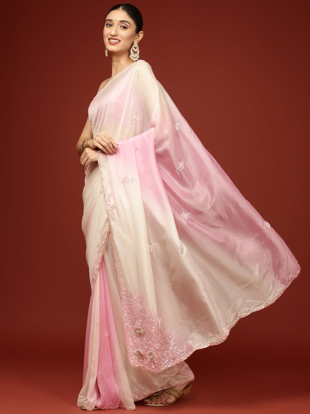 Neerus Pink crepe embellished saree - front view
