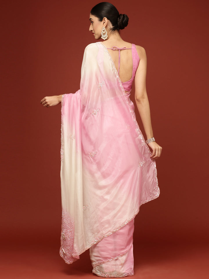 Neerus Pink crepe embellished saree - back view