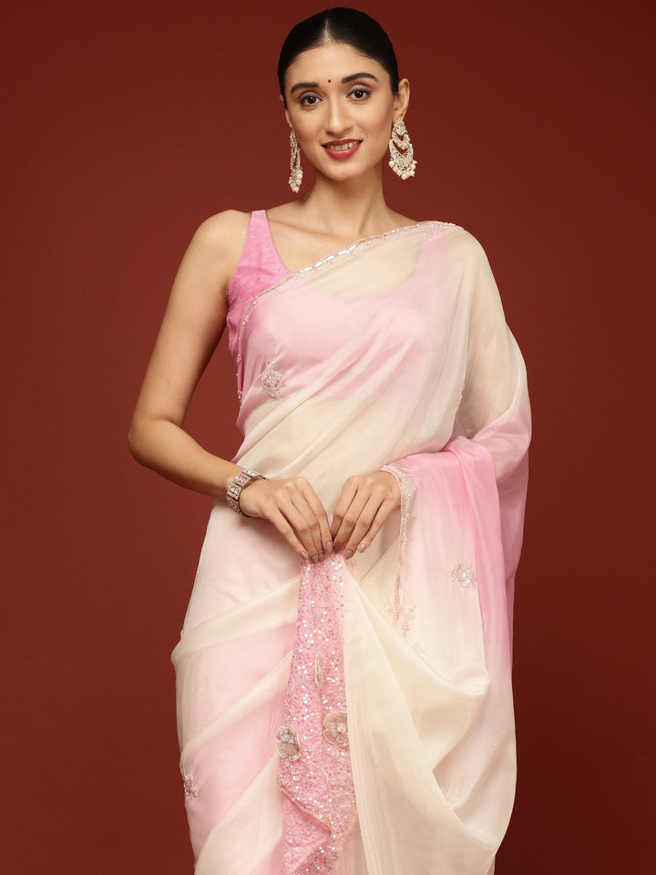 Neerus Pink crepe embellished saree - side view