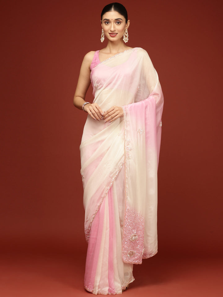 Neerus Pink crepe embellished saree - detail view 1