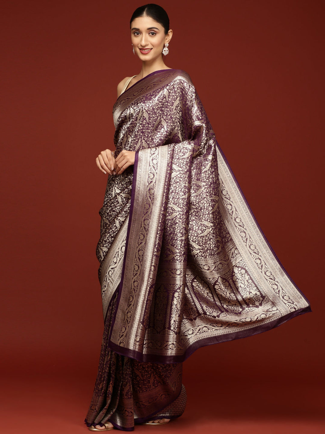 Neerus Purple Banarasi woven saree - front view