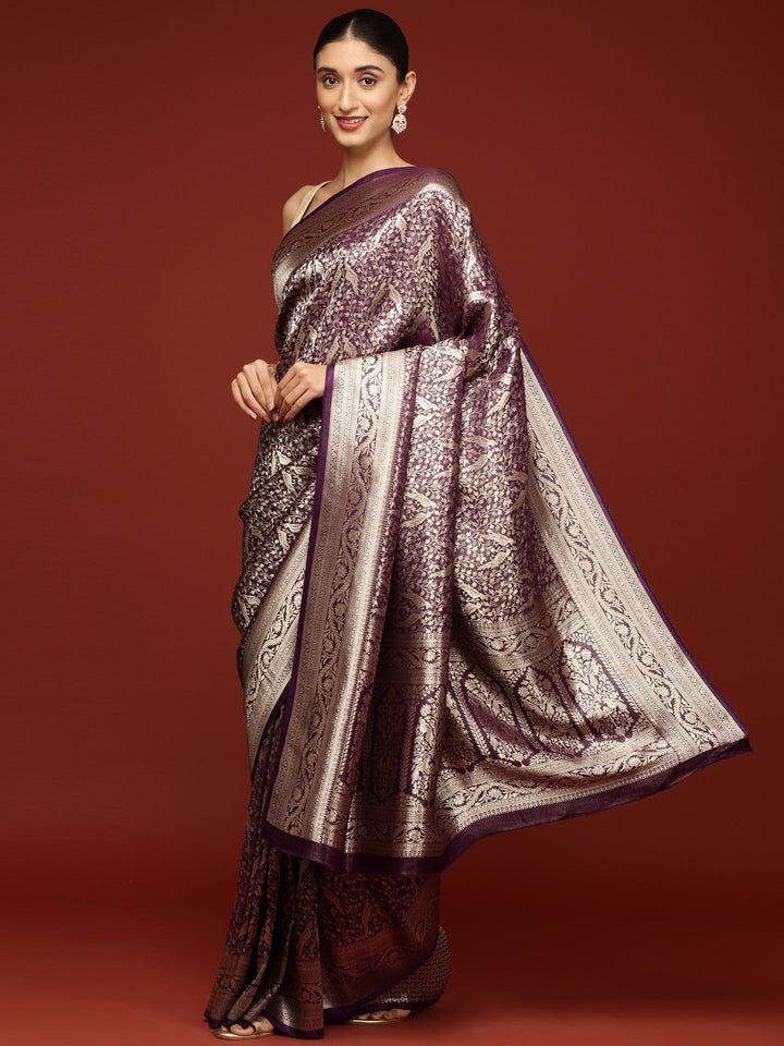 Neerus Purple Banarasi woven saree - front view