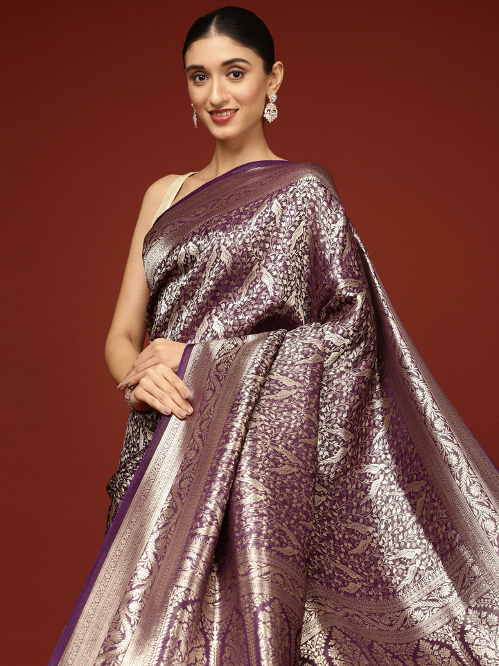 Neerus Purple Banarasi woven saree - side view