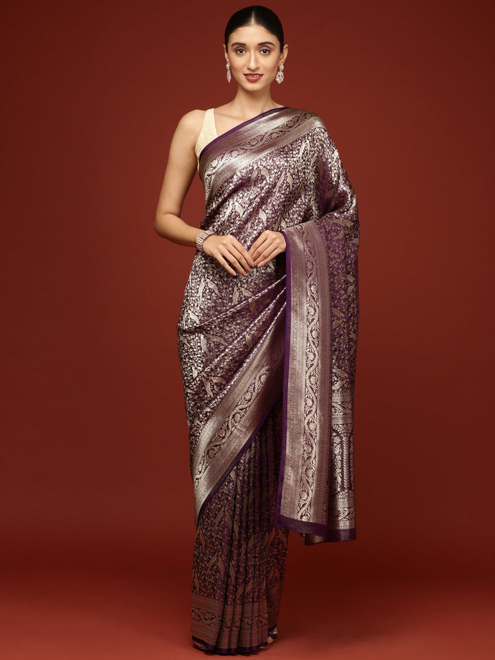 Neerus Purple Banarasi woven saree - detail view 1