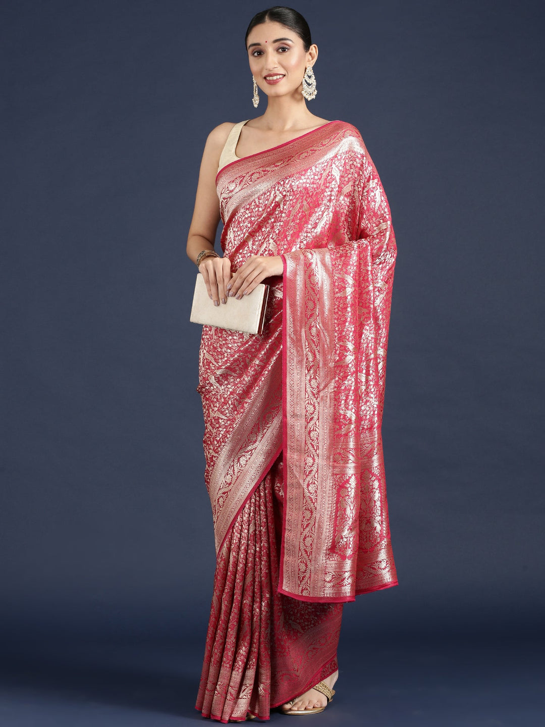 Neerus Pink Banarasi woven saree - front view