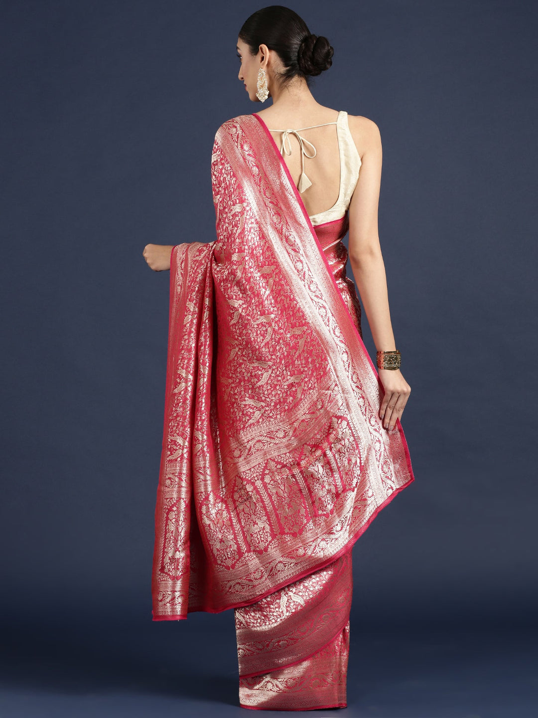 Neerus Pink Banarasi woven saree - back view
