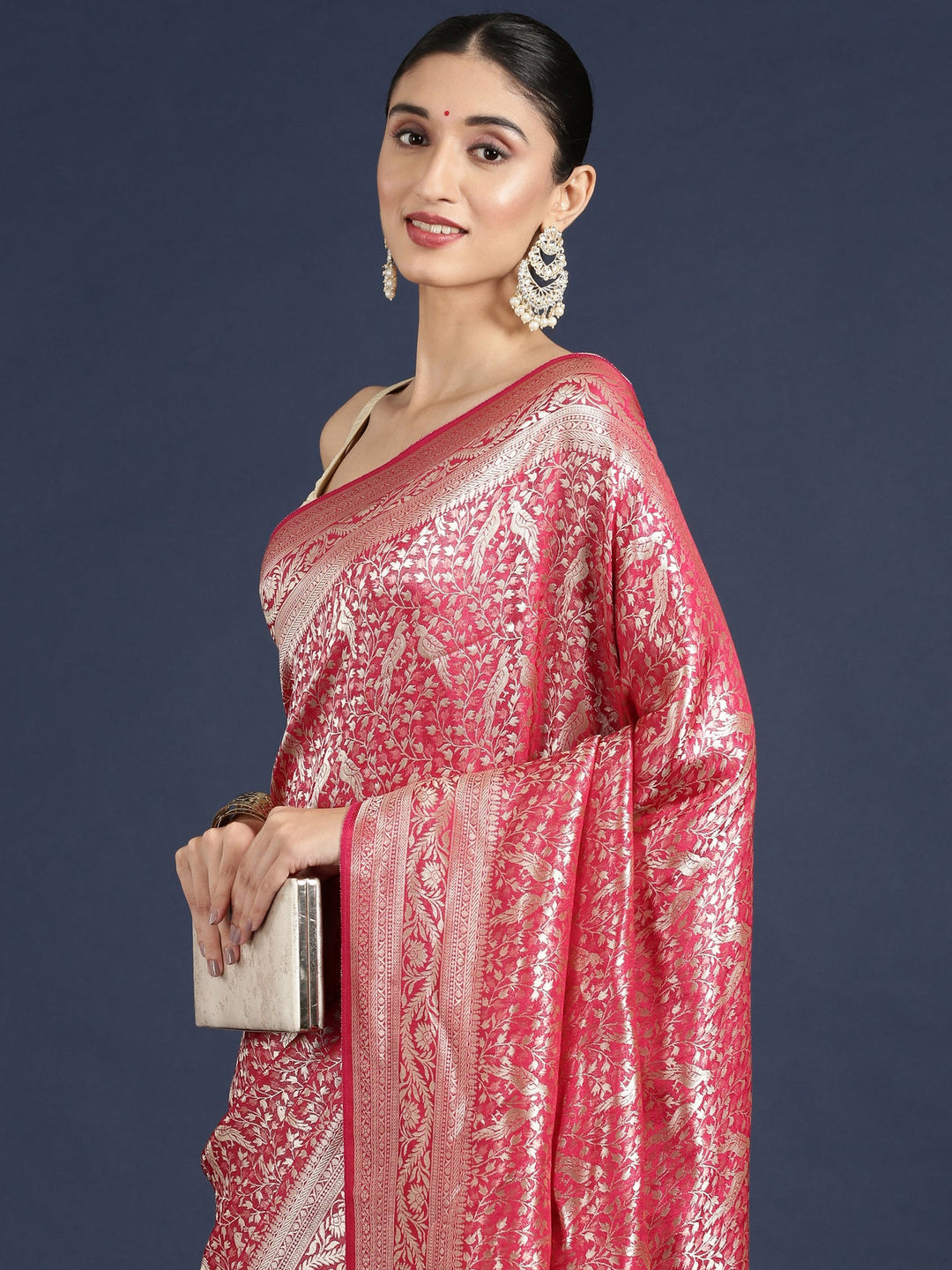 Neerus Pink Banarasi woven saree - side view