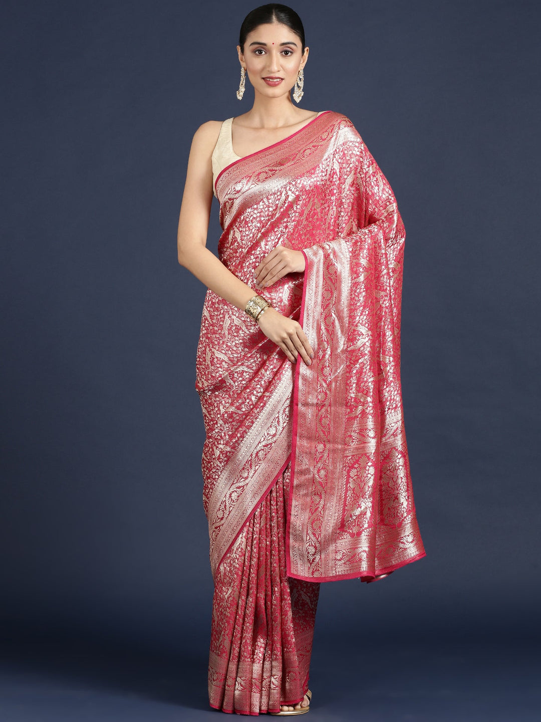 Neerus Pink Banarasi woven saree - detail view 1