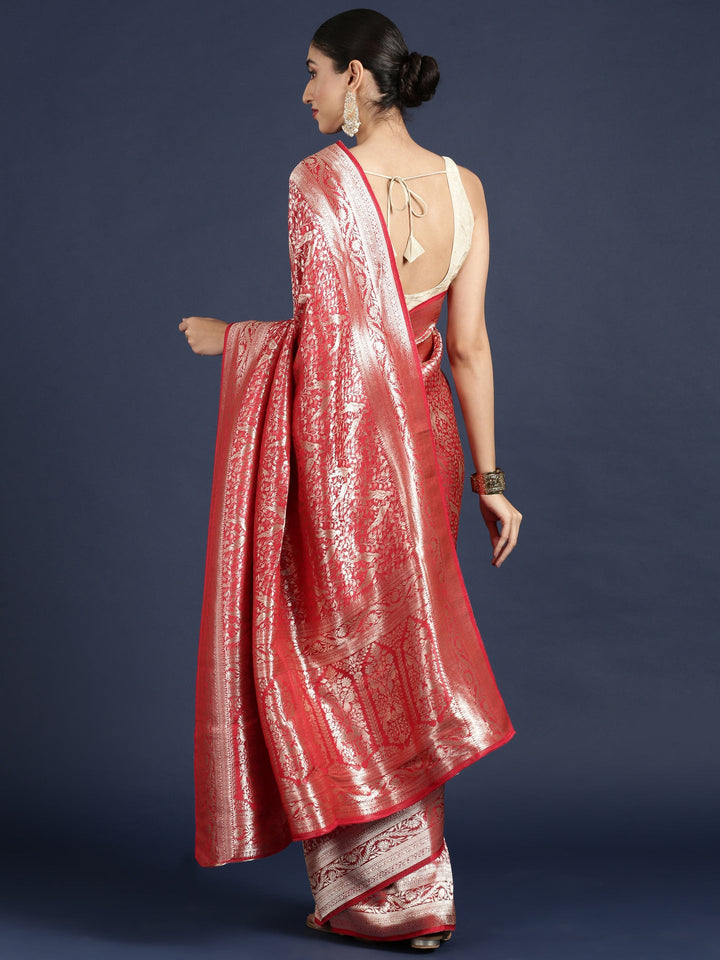 Neerus Red Banarasi woven saree - back view