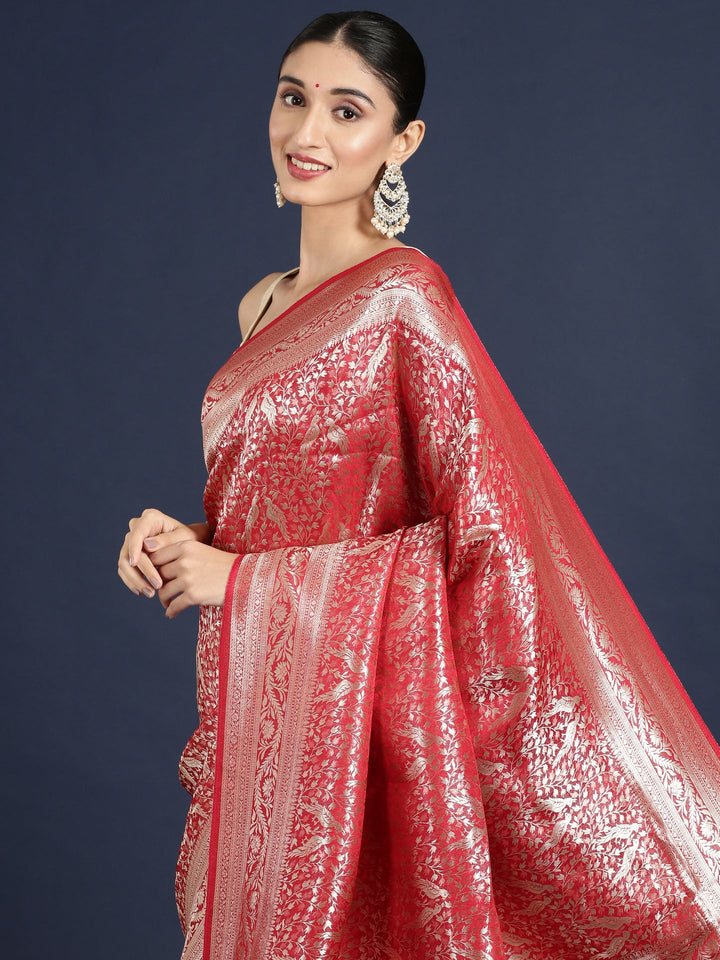 Neerus Red Banarasi woven saree - side view