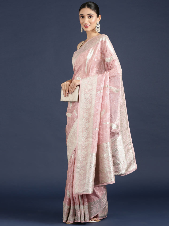 Neerus Pink Banarasi woven saree - detail view 1