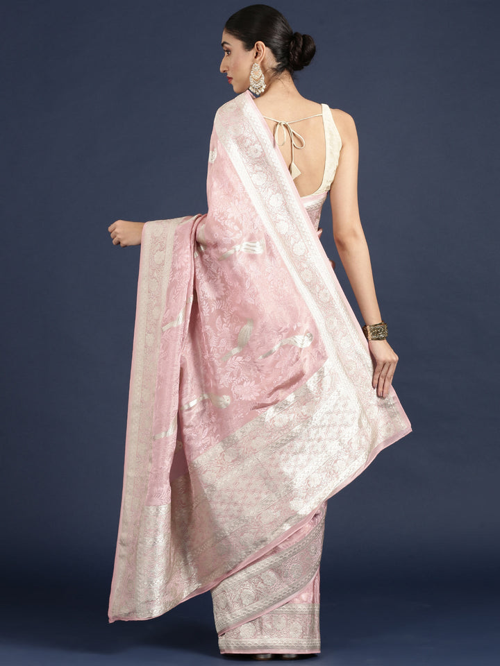 Neerus Pink Banarasi woven saree - back view