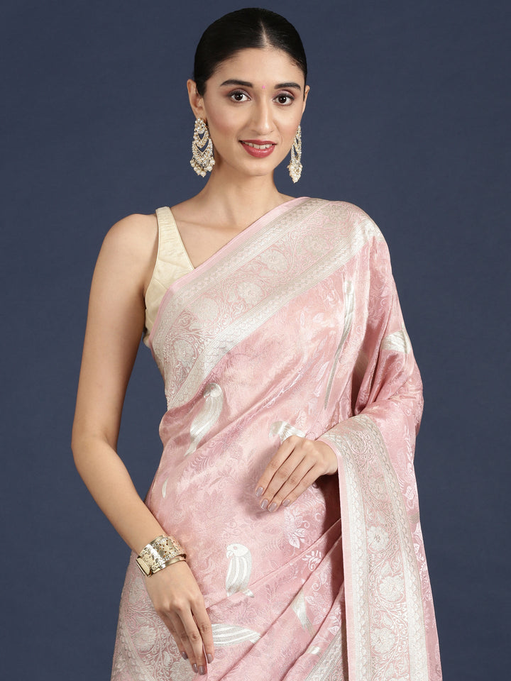 Neerus Pink Banarasi woven saree - side view