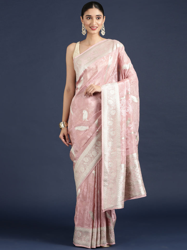 Neerus Pink Banarasi woven saree - front view