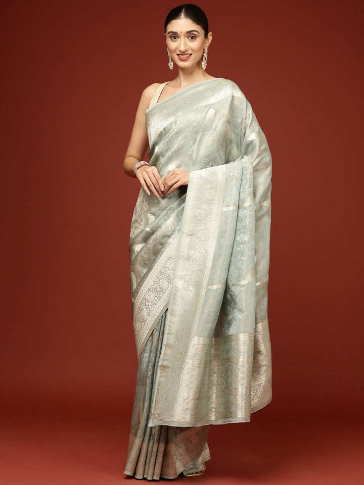 Neerus Blue Banarasi woven saree - front view
