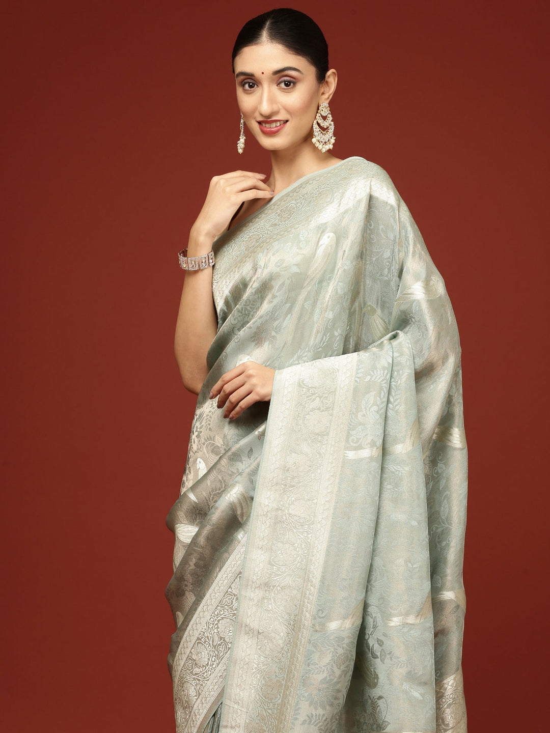Neerus Blue Banarasi woven saree - side view