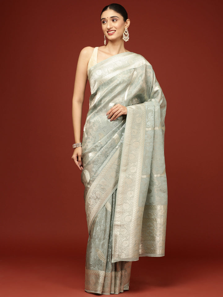 Neerus Blue Banarasi woven saree - detail view 1
