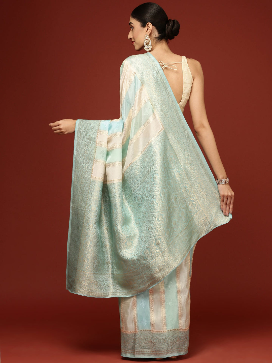 Neerus Blue Banarasi woven saree - back view