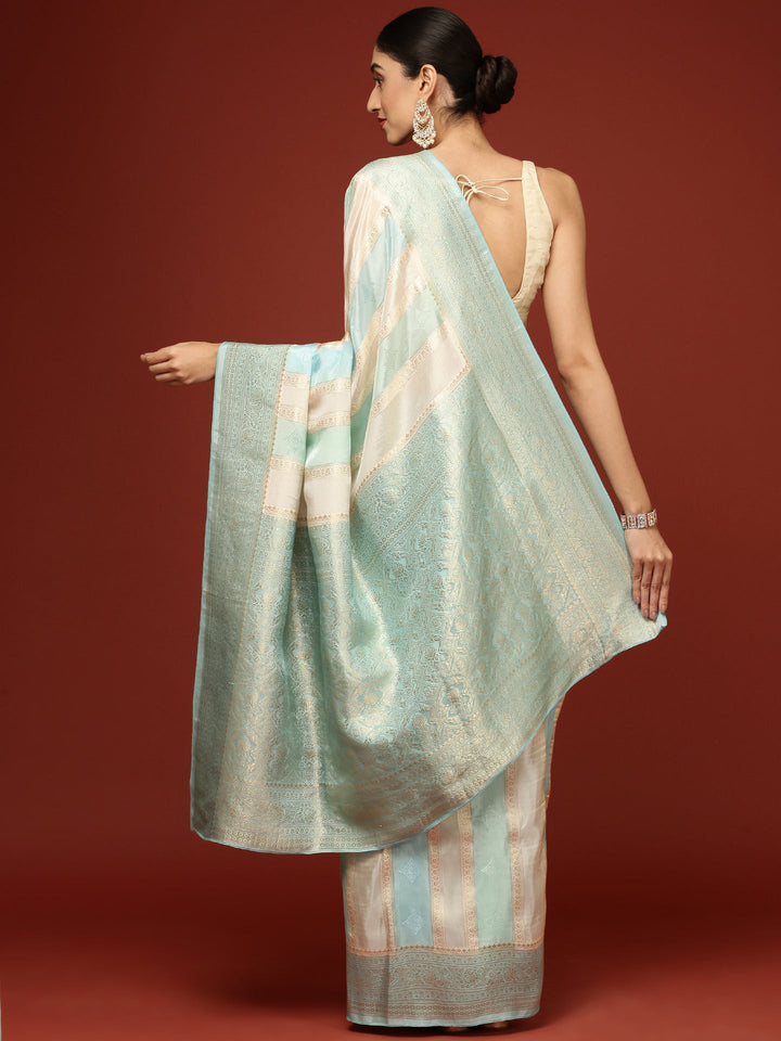 Neerus Blue Banarasi woven saree - back view