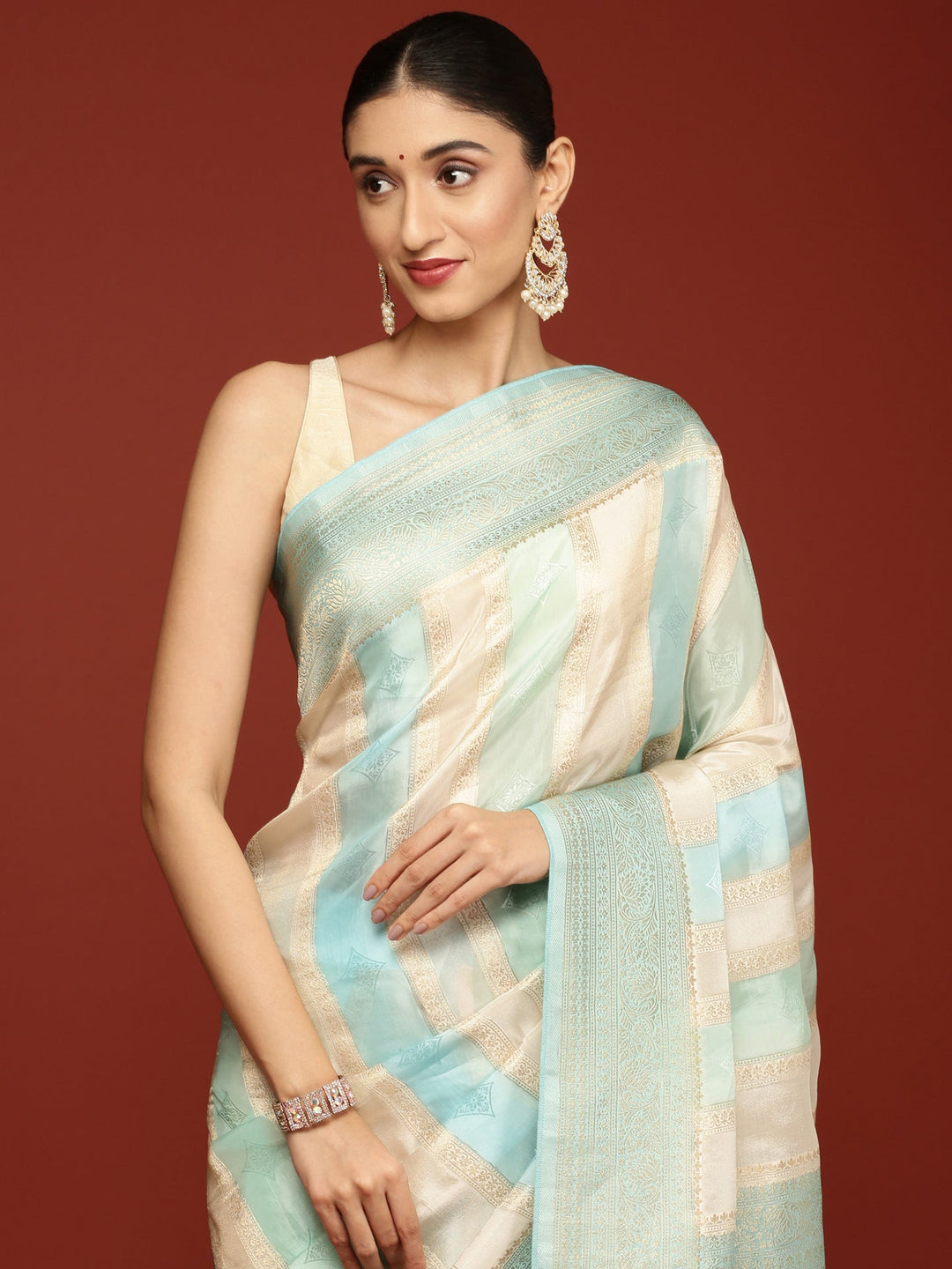 Neerus Blue Banarasi woven saree - side view