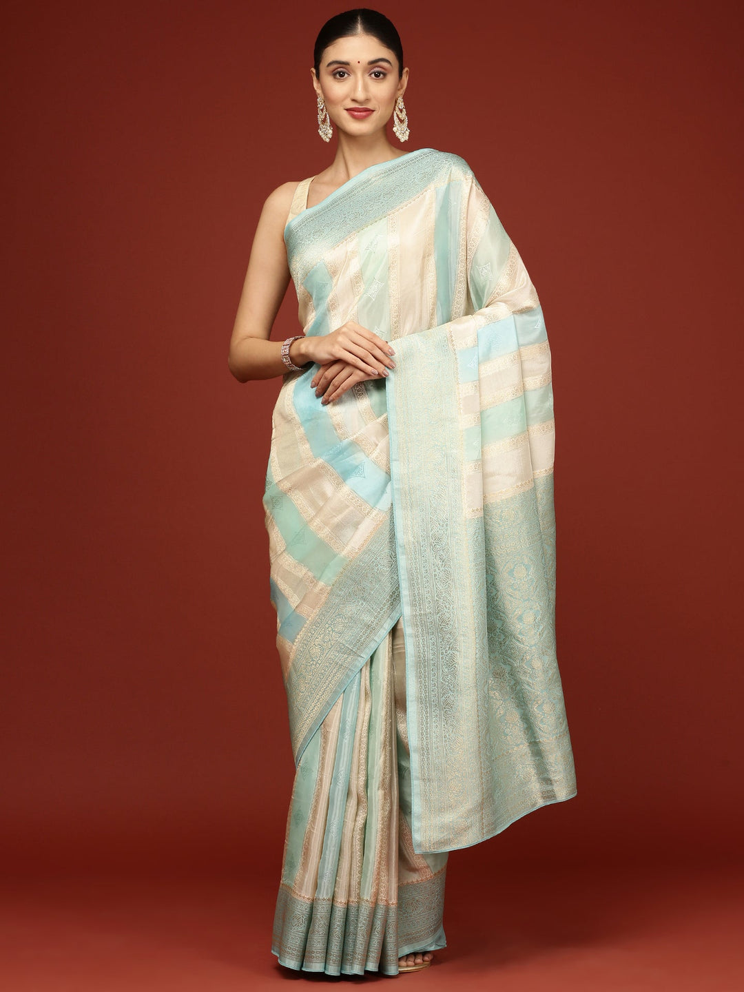 Neerus Blue Banarasi woven saree - front view