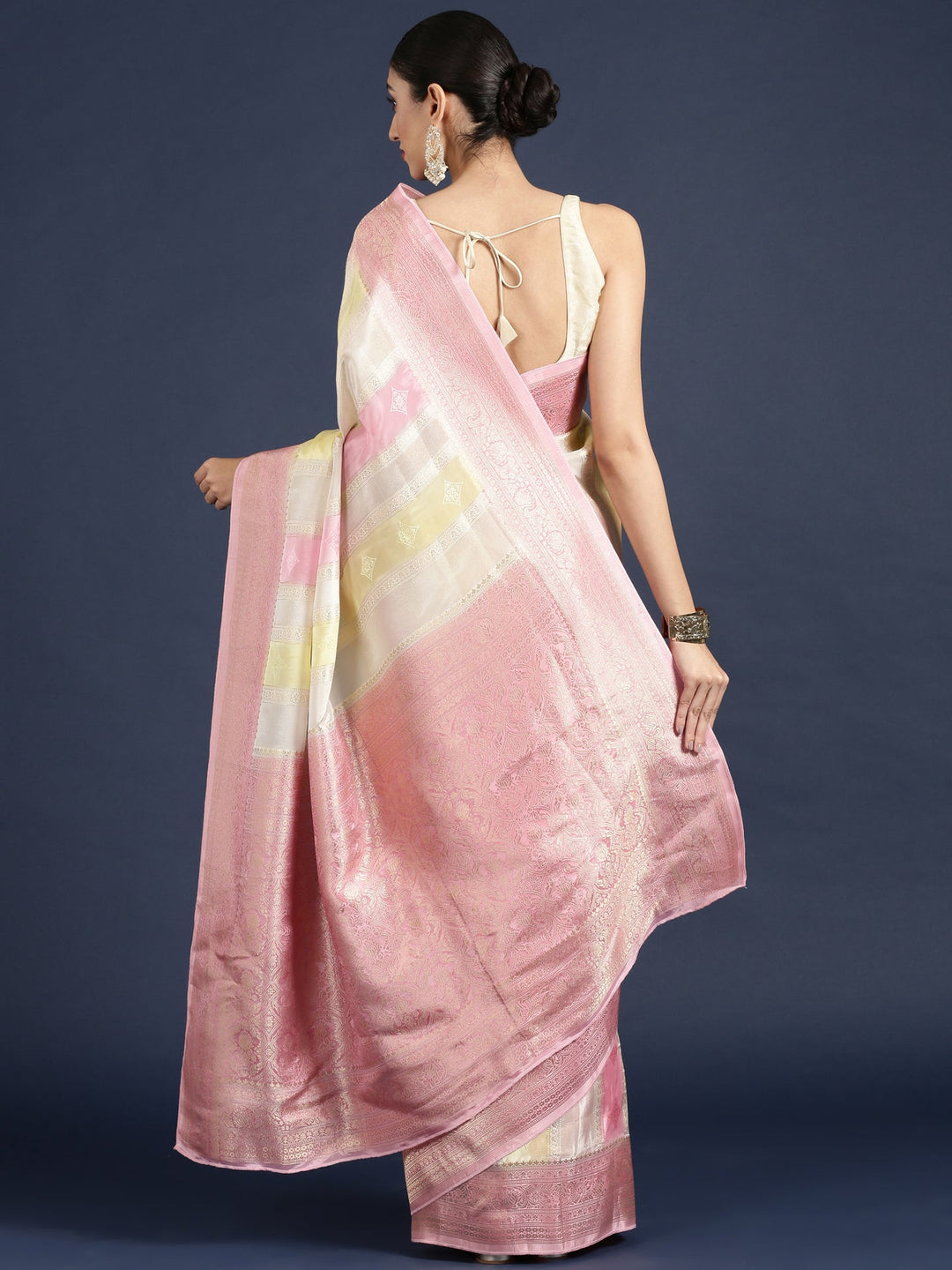 Neerus Pink Banarasi woven saree - back view
