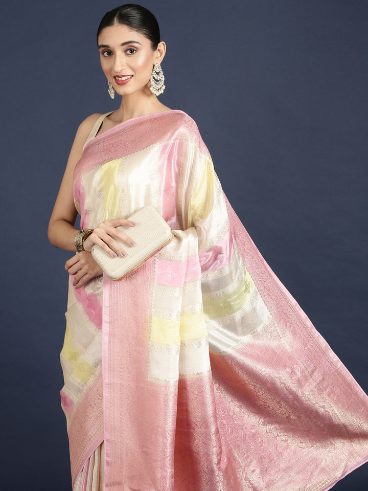 Neerus Pink Banarasi woven saree - side view