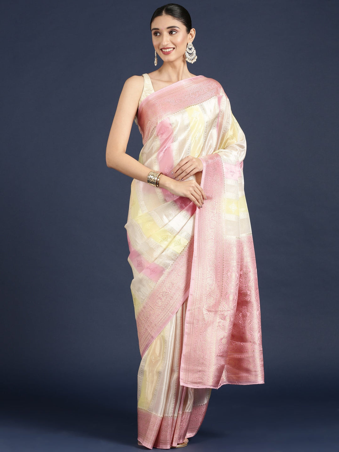 Neerus Pink Banarasi woven saree - detail view 1
