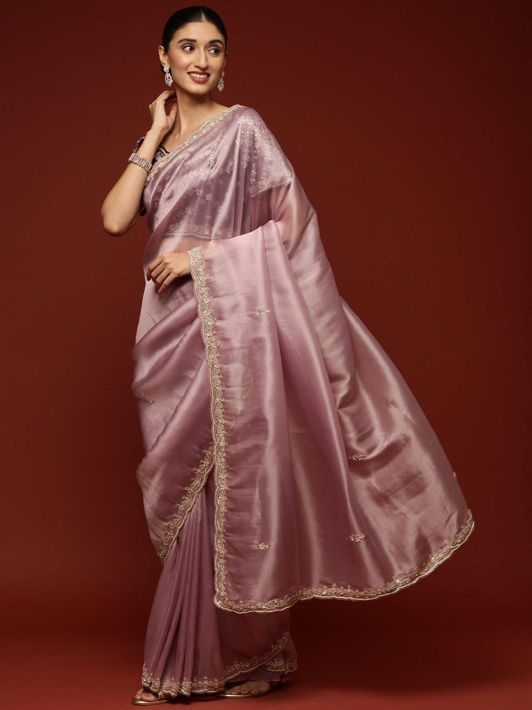 Neerus Purple tissue embellished saree with stone work - back view