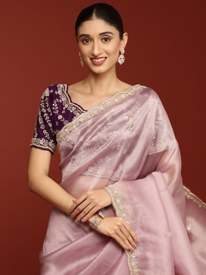 Neerus Purple tissue embellished saree with stone work - detail view 1