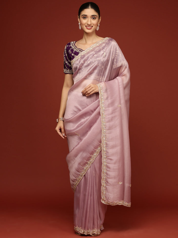 Neerus Purple tissue embellished saree with stone work - front view