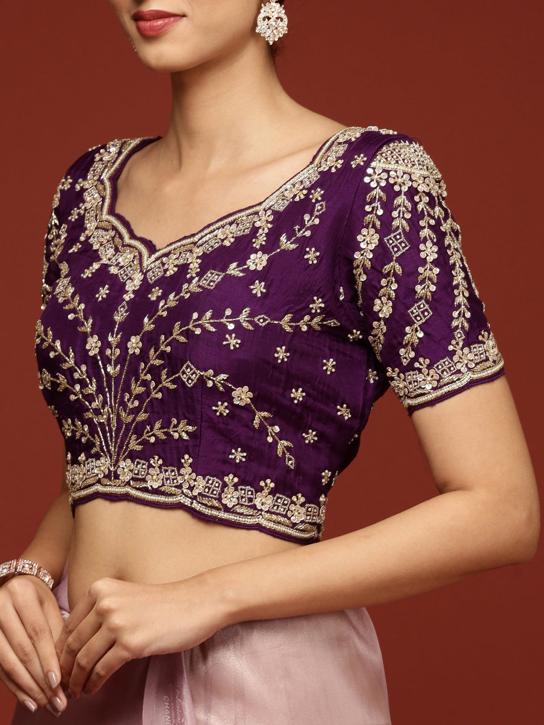Neerus Purple tissue embellished saree with stone work - detail view 5